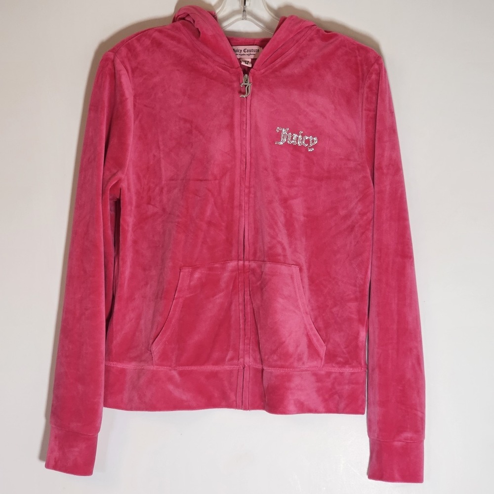 Juicey Couture Jacket Womens Medium Pink Full Zip Pockets Hooded Bright Y2K Chic